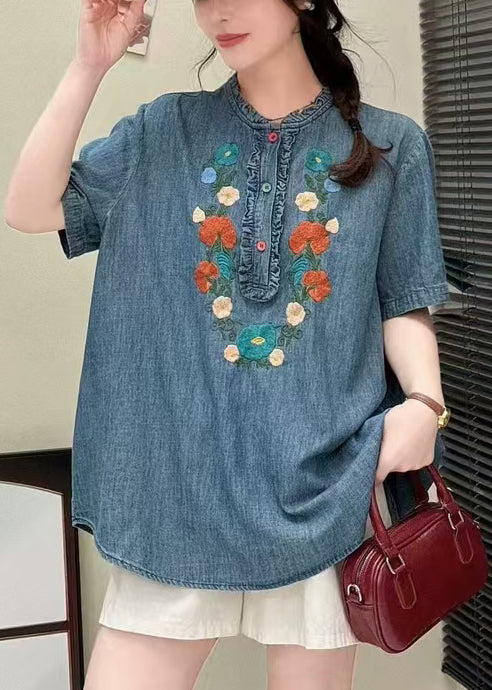 Unique Denim Blue Embroidered Ruffled Shirt Summer
