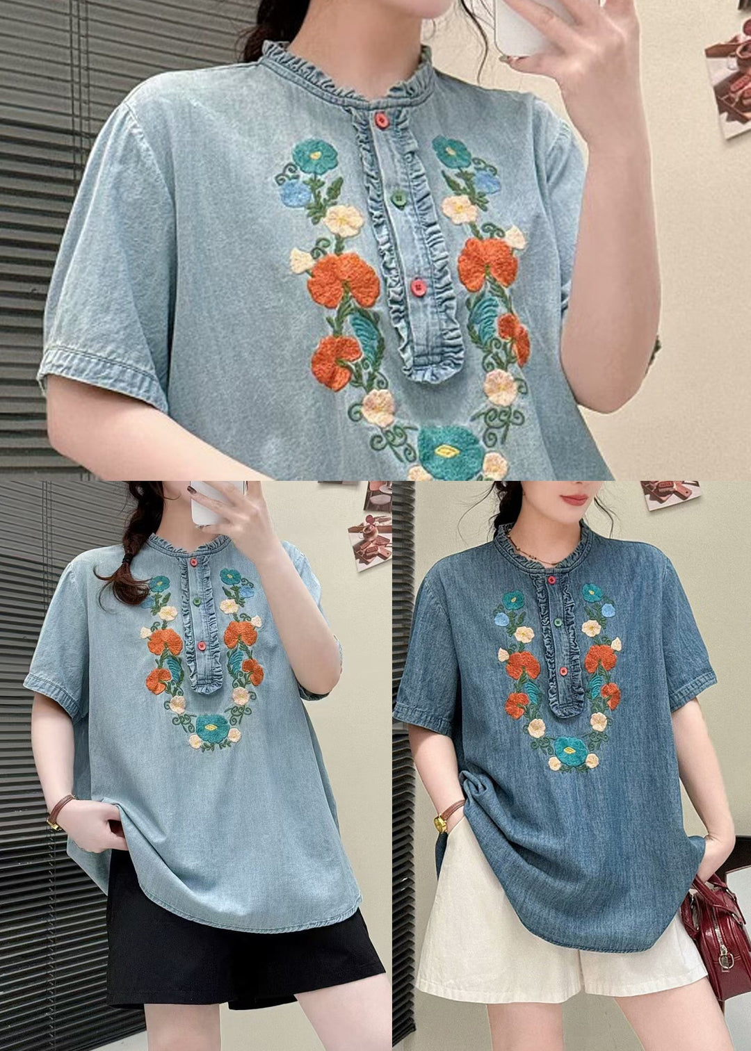 Unique Denim Blue Embroidered Ruffled Shirt Summer