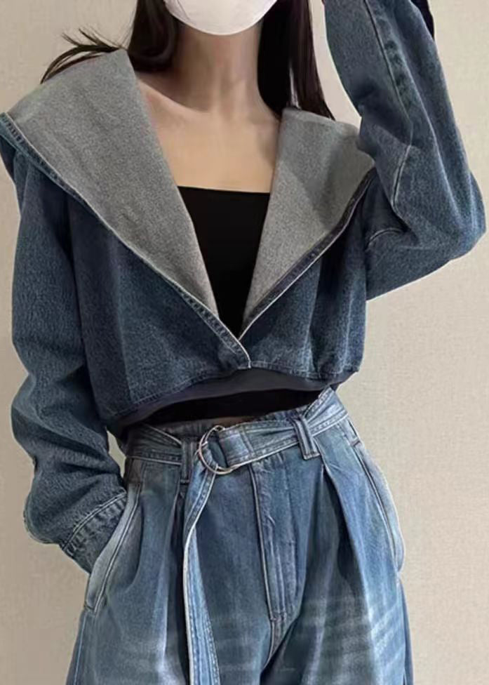 Unique Denim Blue Patchwork Hoodies Coats Fall