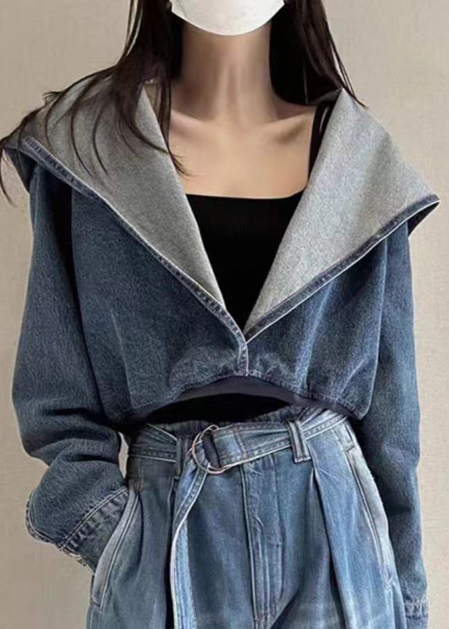Unique Denim Blue Patchwork Hoodies Coats Fall