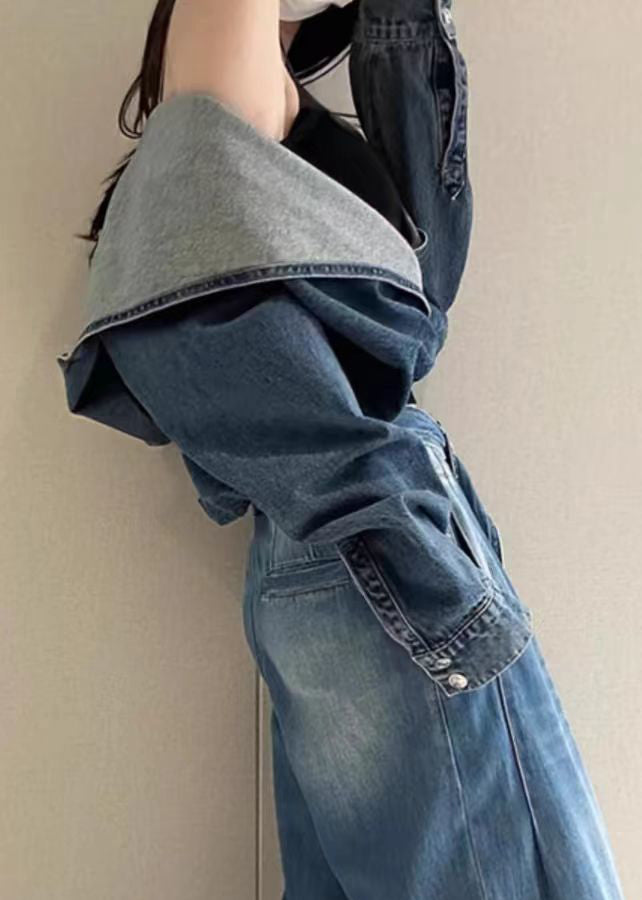 Unique Denim Blue Patchwork Hoodies Coats Fall