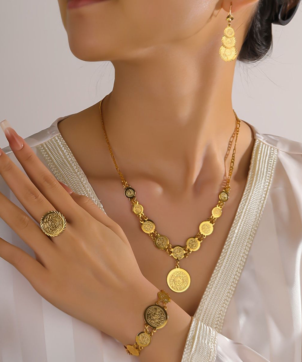 Unique Gold Alloy Coin Pendant Necklace, Charm Bracelet ,Rings And Drop Earrings Three-Piece Set