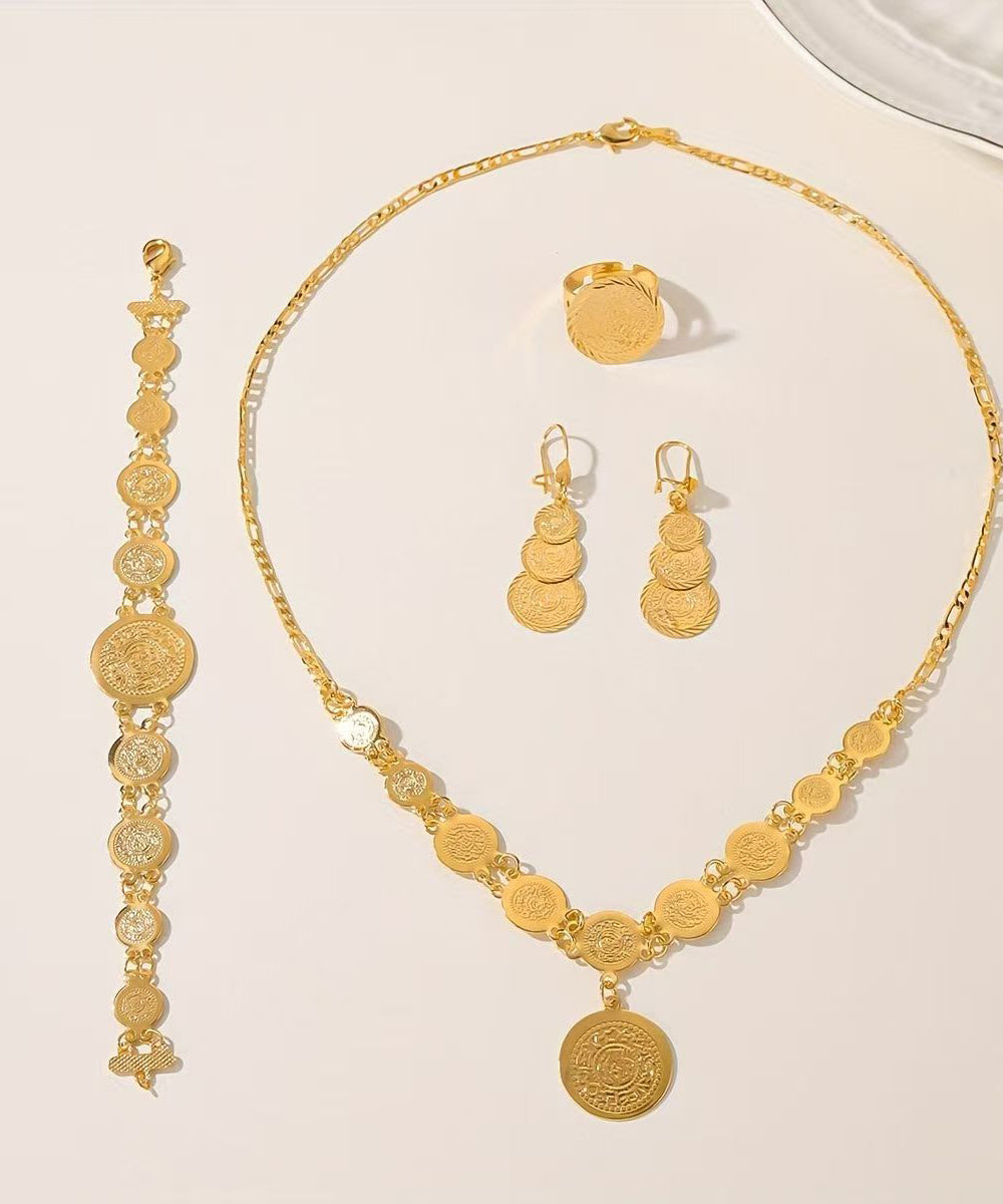 Unique Gold Alloy Coin Pendant Necklace, Charm Bracelet ,Rings And Drop Earrings Three-Piece Set
