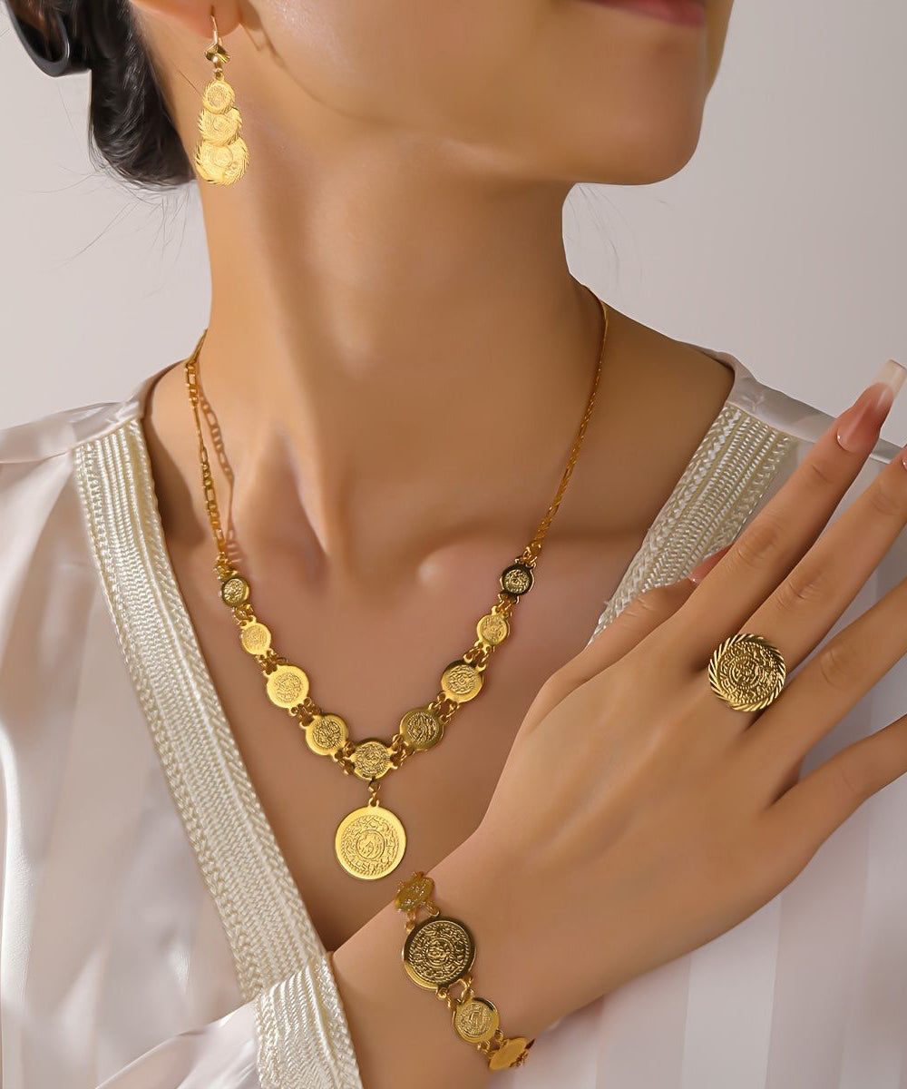 Unique Gold Alloy Coin Pendant Necklace, Charm Bracelet ,Rings And Drop Earrings Three-Piece Set