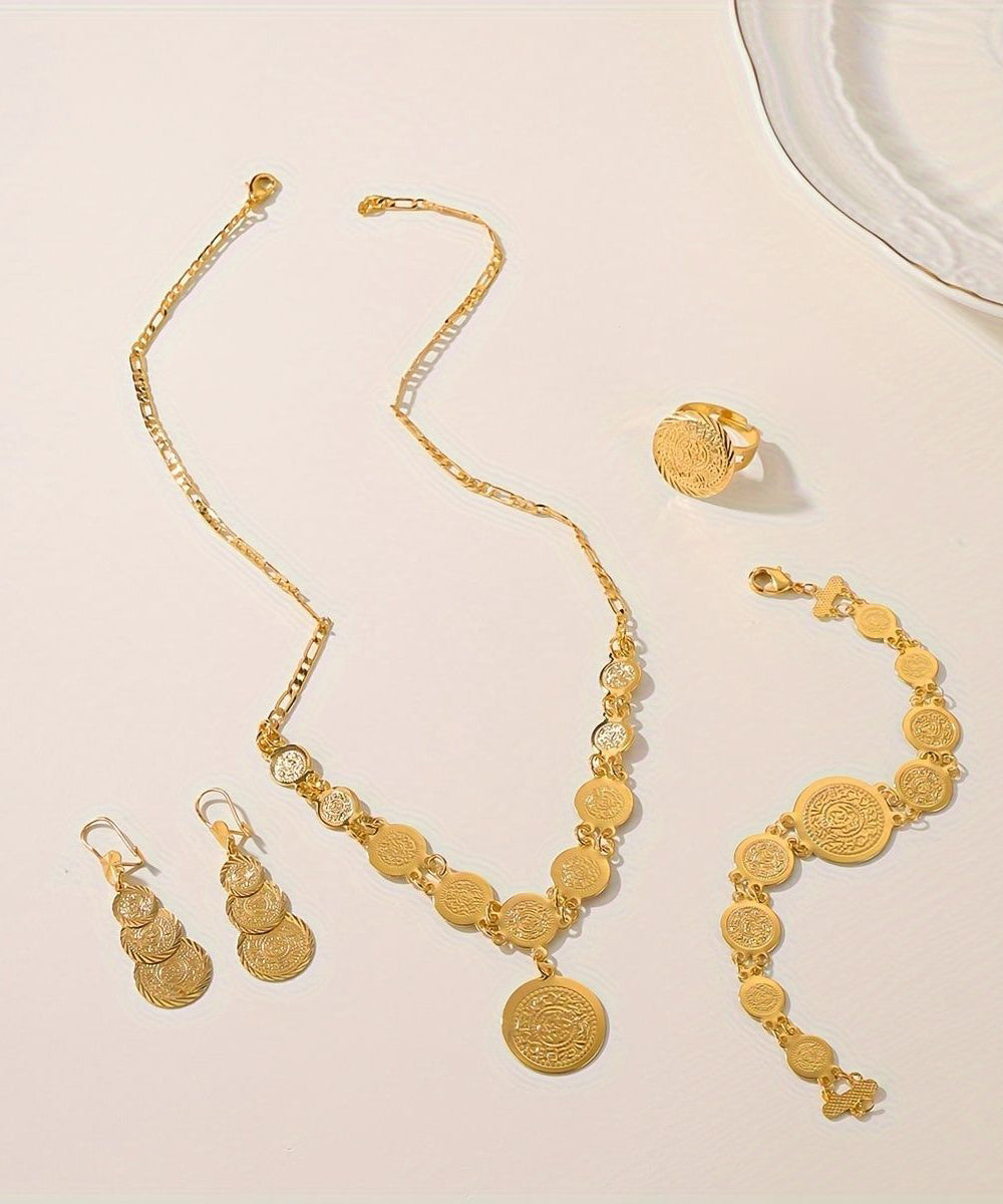 Unique Gold Alloy Coin Pendant Necklace, Charm Bracelet ,Rings And Drop Earrings Three-Piece Set