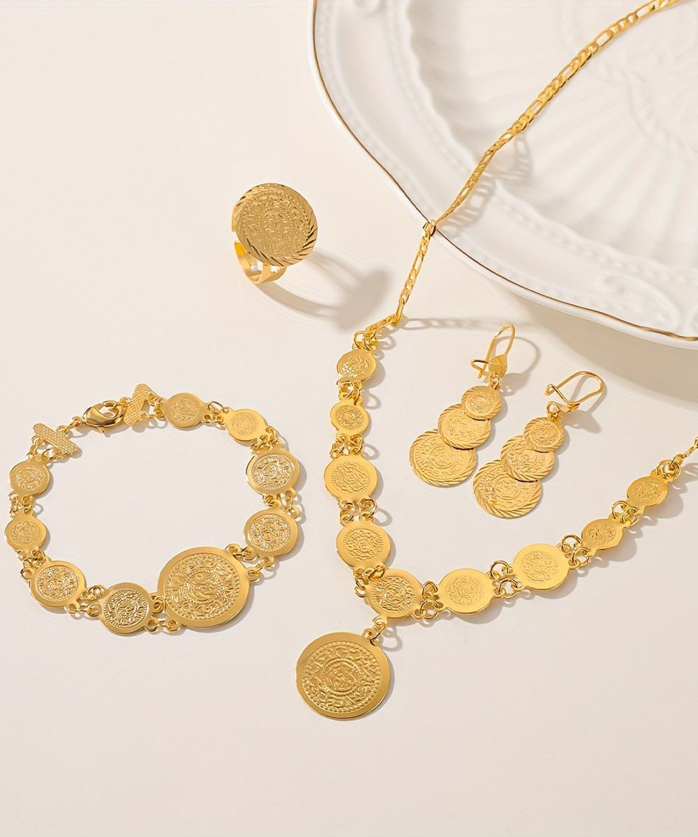 Unique Gold Alloy Coin Pendant Necklace, Charm Bracelet ,Rings And Drop Earrings Three-Piece Set