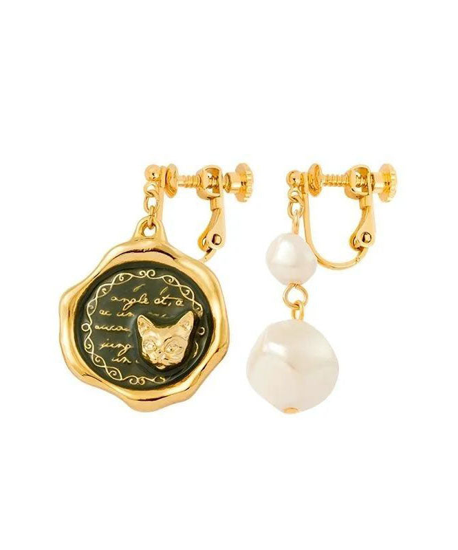 Unique Gold Alloy Pearl Cat Asymmetrical Drop Earrings
