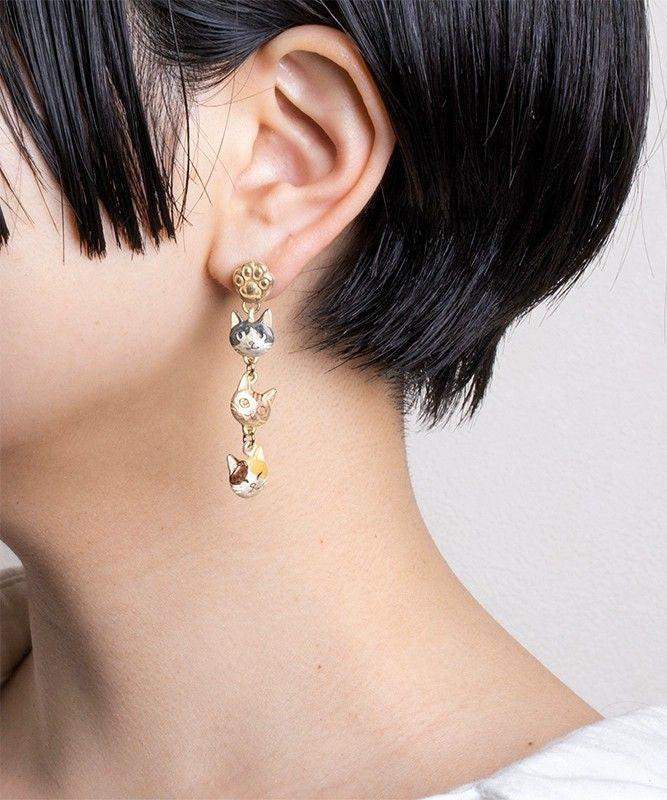 Unique Gold Alloy Resin Three Little Cats Drop Earrings