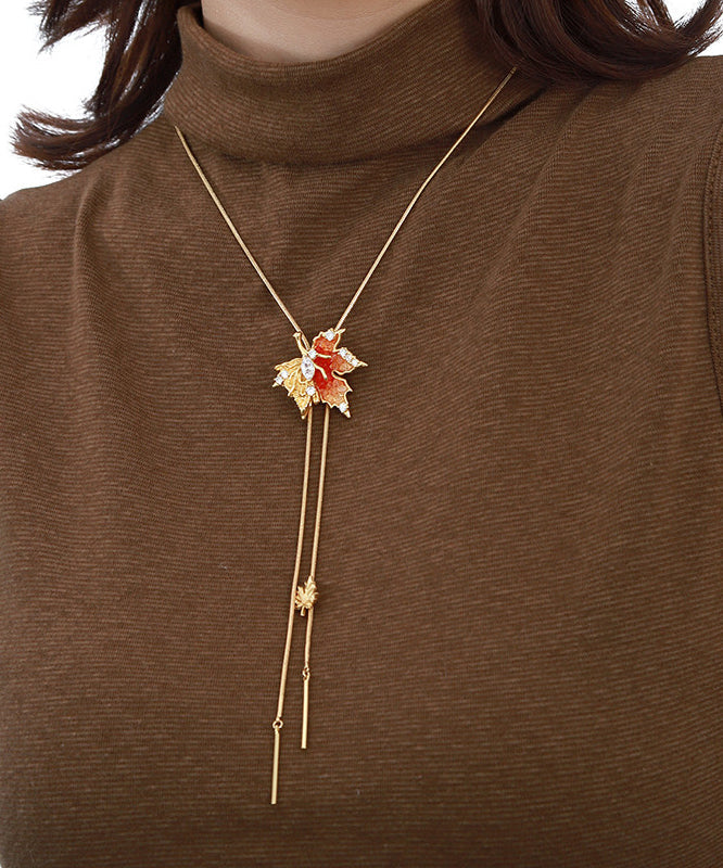 Unique Gold Copper Overgild Maple Leaf Lariat Necklace