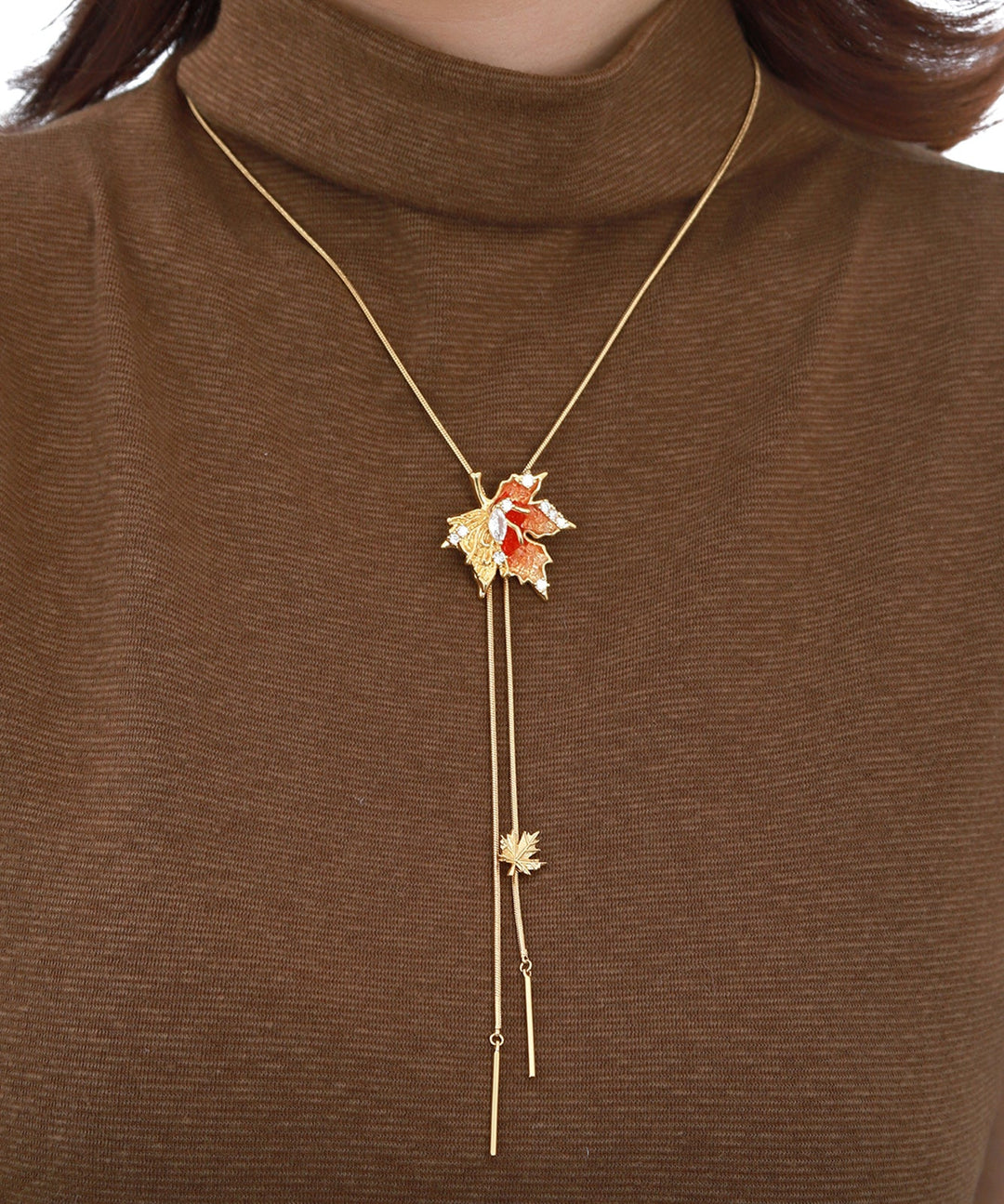 Unique Gold Copper Overgild Maple Leaf Lariat Necklace