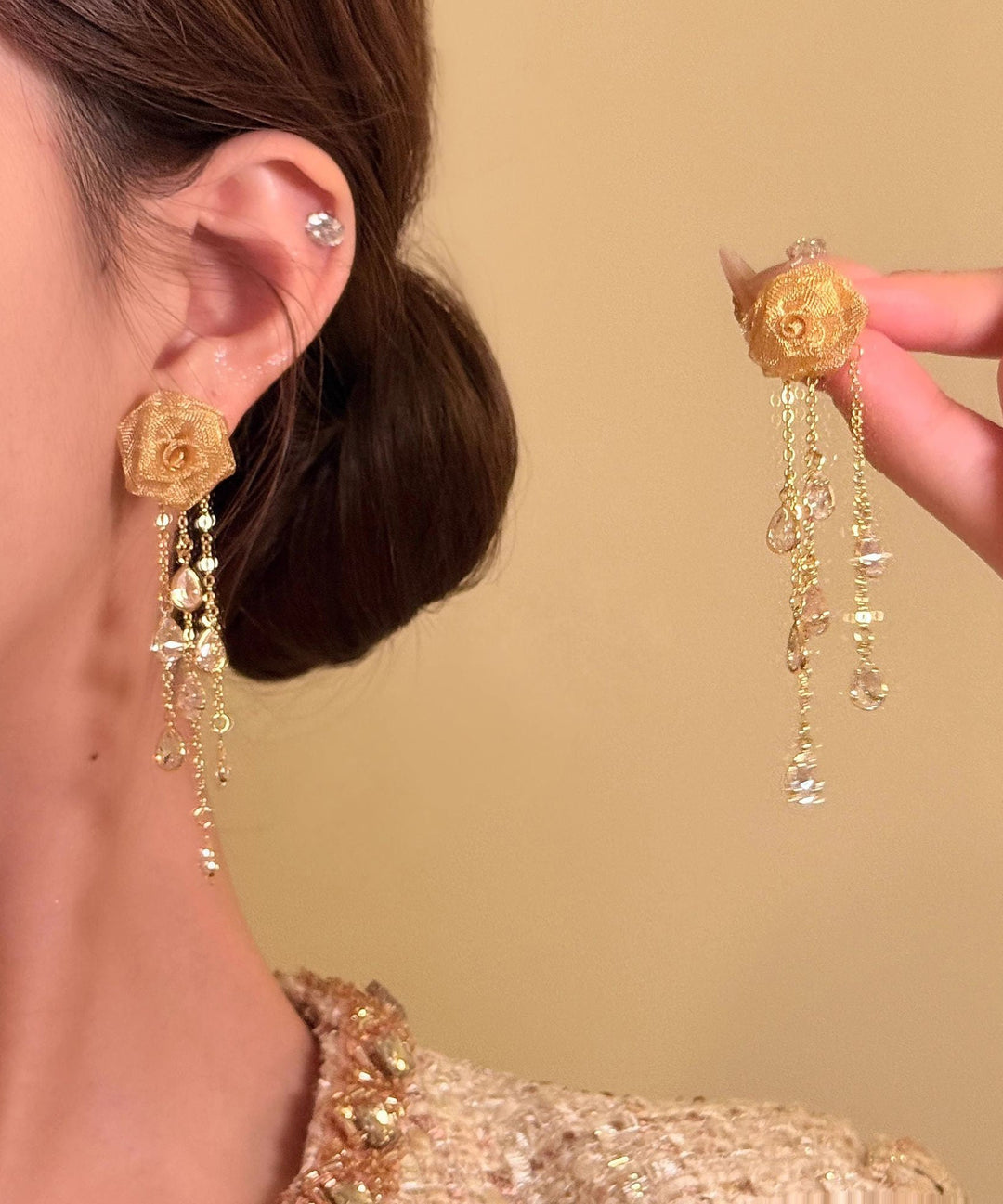 Unique Gold Copper Overgild Rose Tassel Drop Earrings