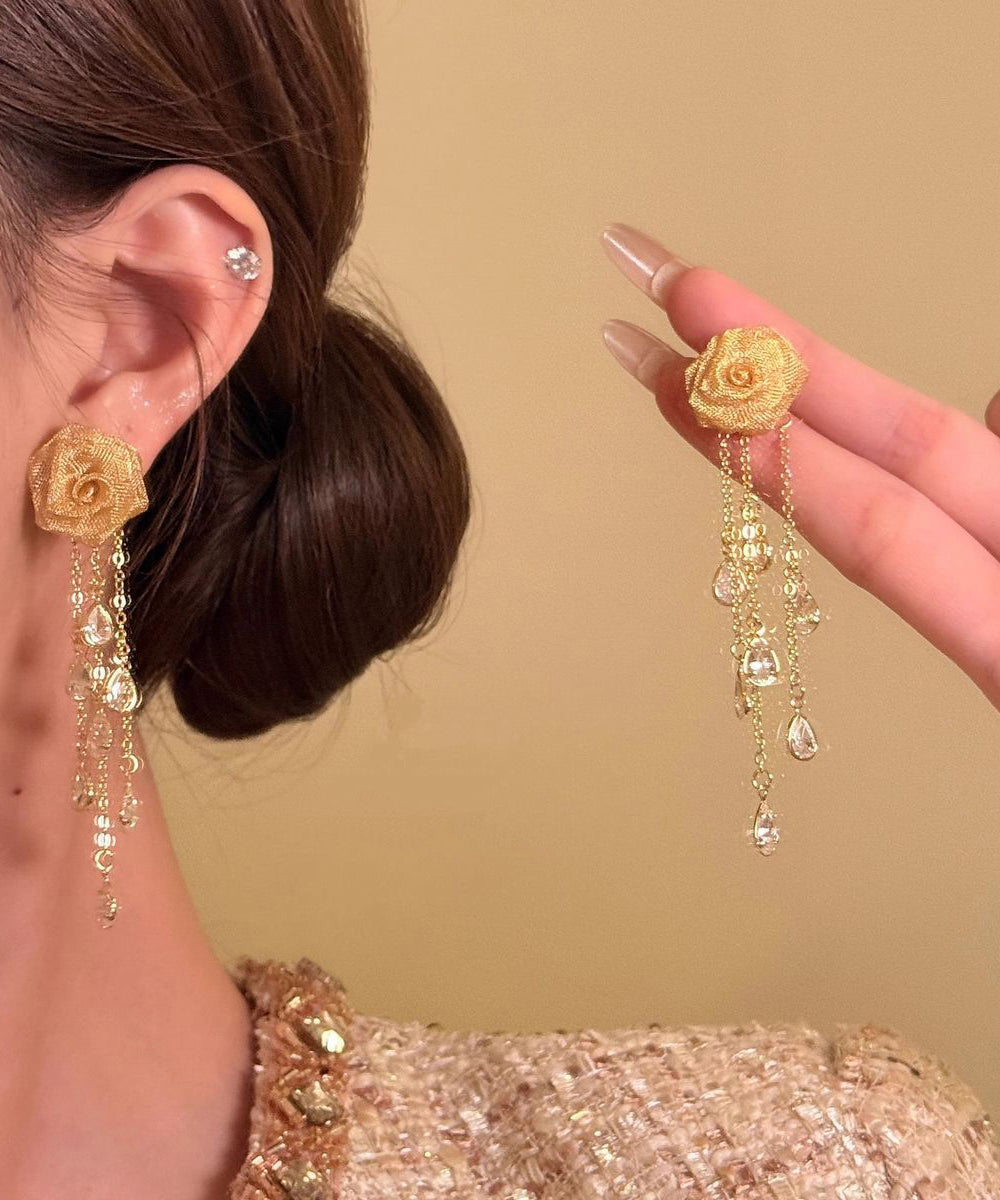 Unique Gold Copper Overgild Rose Tassel Drop Earrings