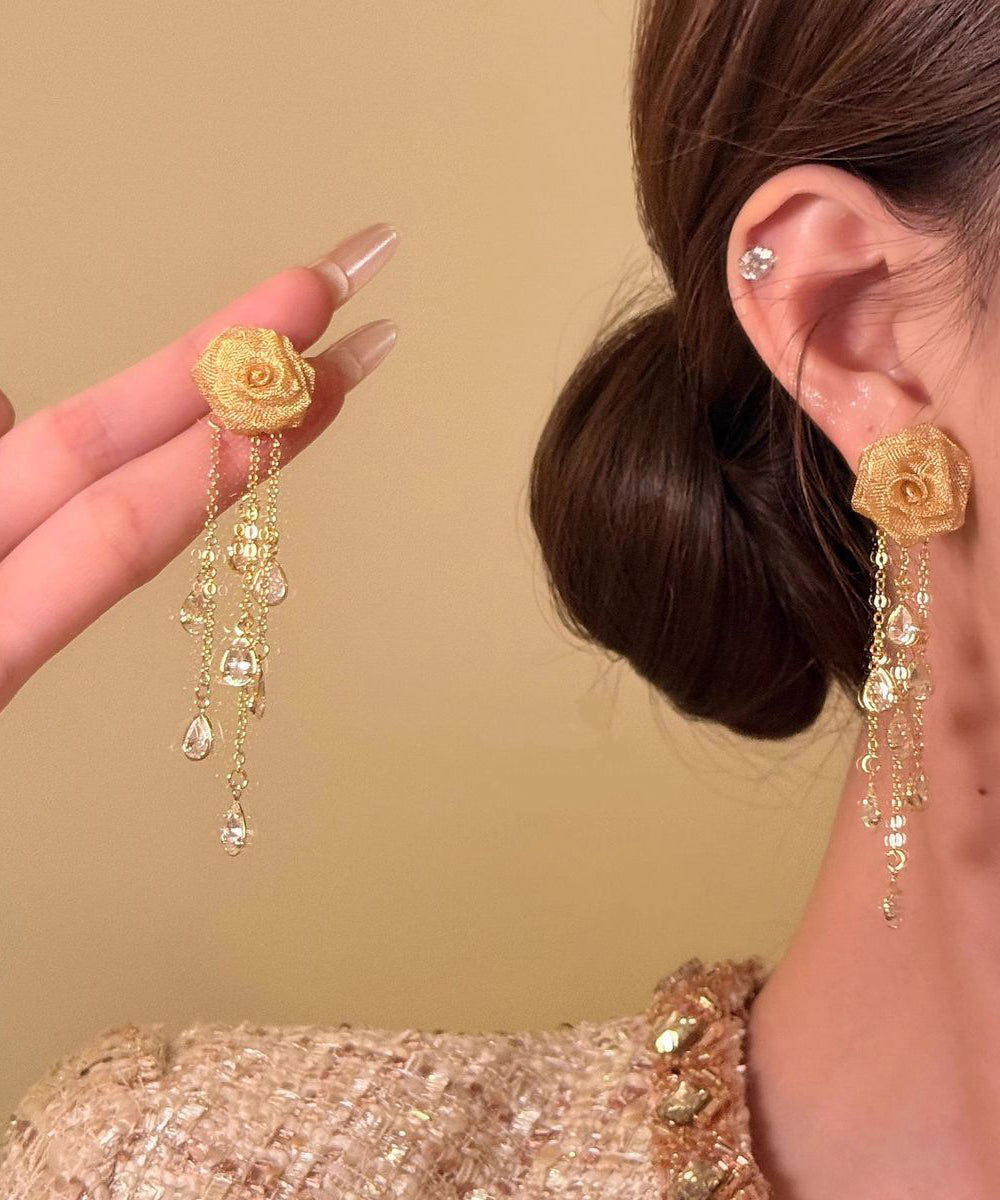 Unique Gold Copper Overgild Rose Tassel Drop Earrings