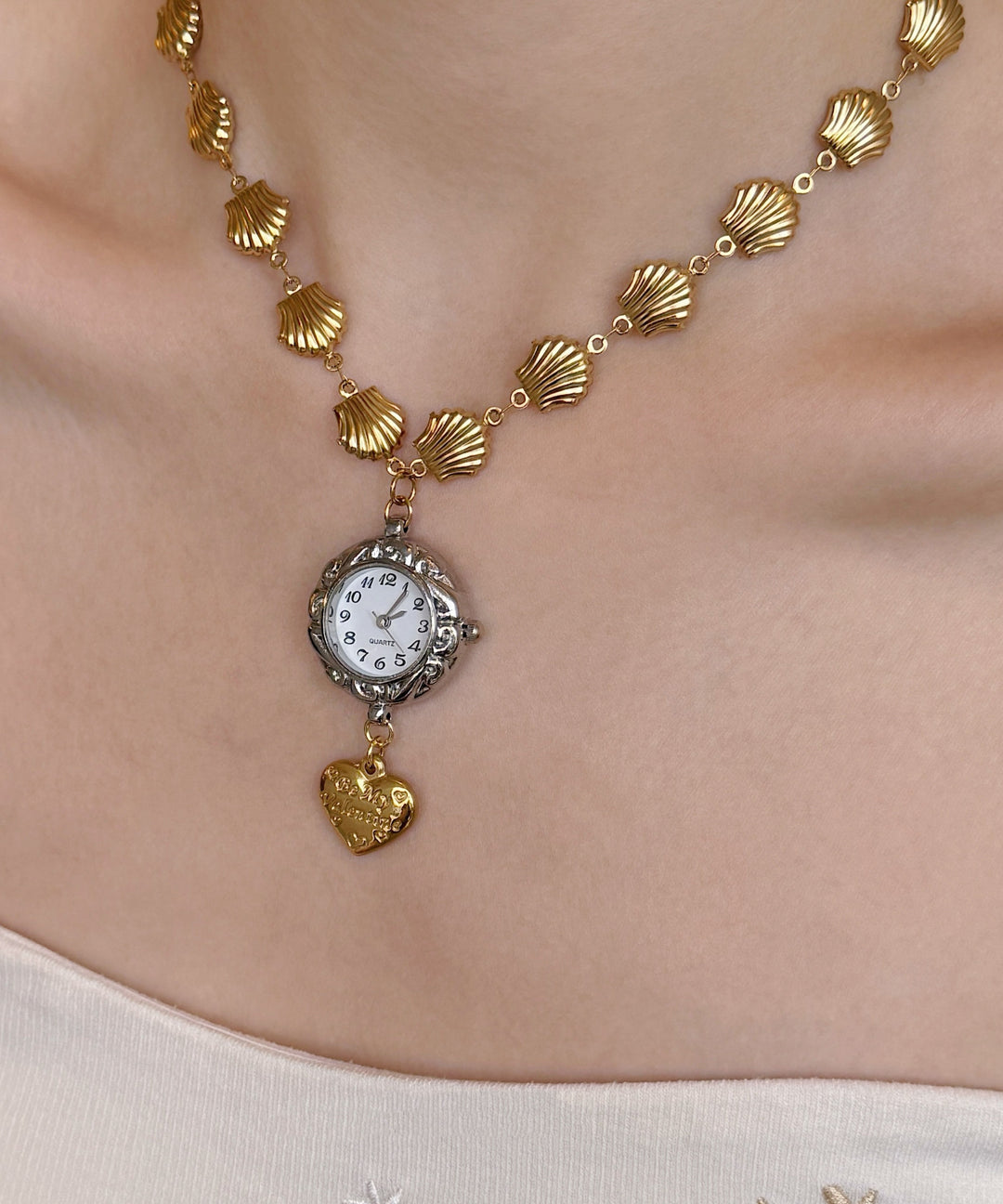 Unique Gold Stainless Steel Alloy Shell Clock Love Pendant Necklace