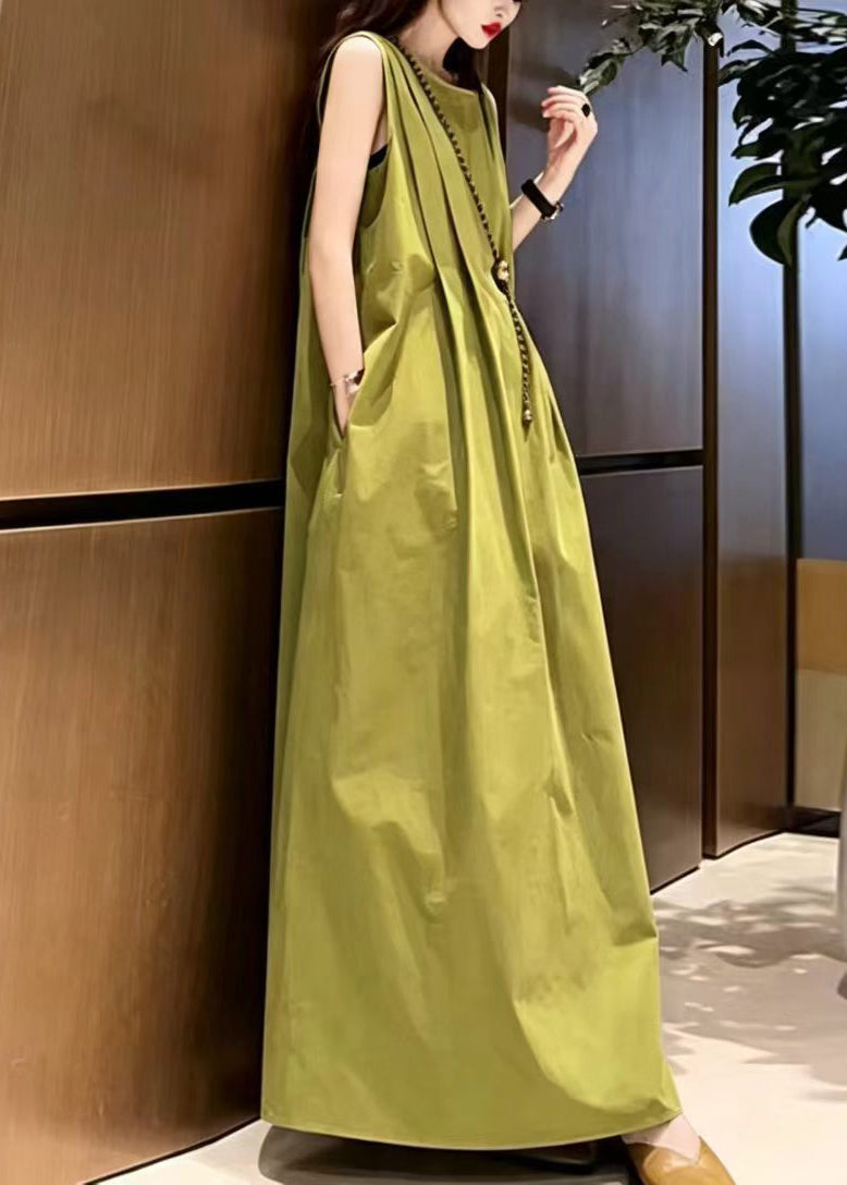 Unique Grass Green O-Neck Cotton Maxi Dresses Sleeveless