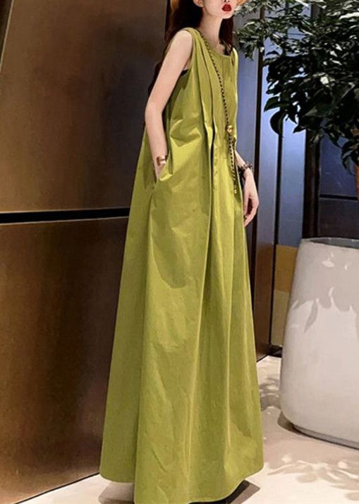 Unique Grass Green O-Neck Cotton Maxi Dresses Sleeveless