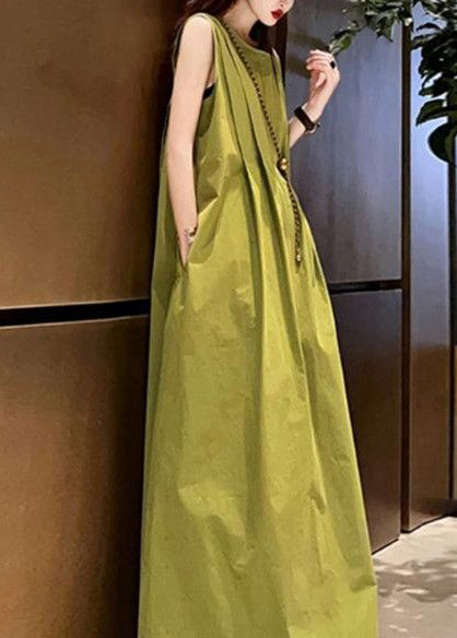 Unique Grass Green O-Neck Cotton Maxi Dresses Sleeveless