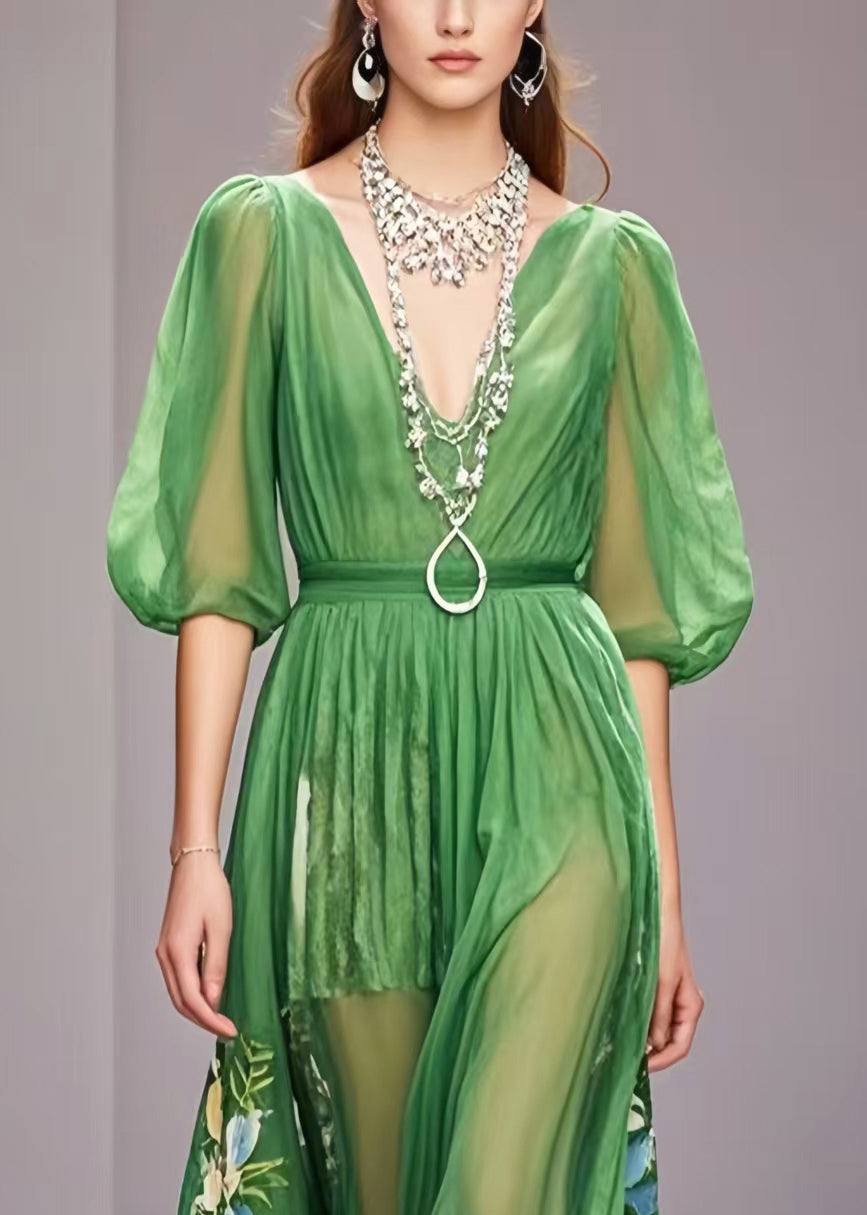 Unique Grass Green Puff Sleeve Print Chiffon Dress Summer