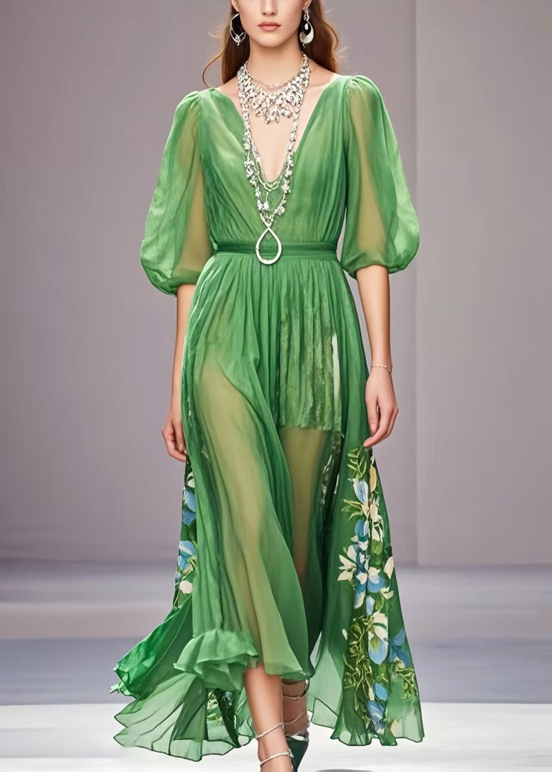 Unique Grass Green Puff Sleeve Print Chiffon Dress Summer