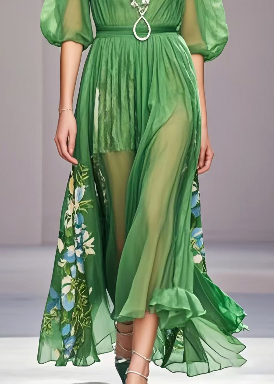 Unique Grass Green Puff Sleeve Print Chiffon Dress Summer