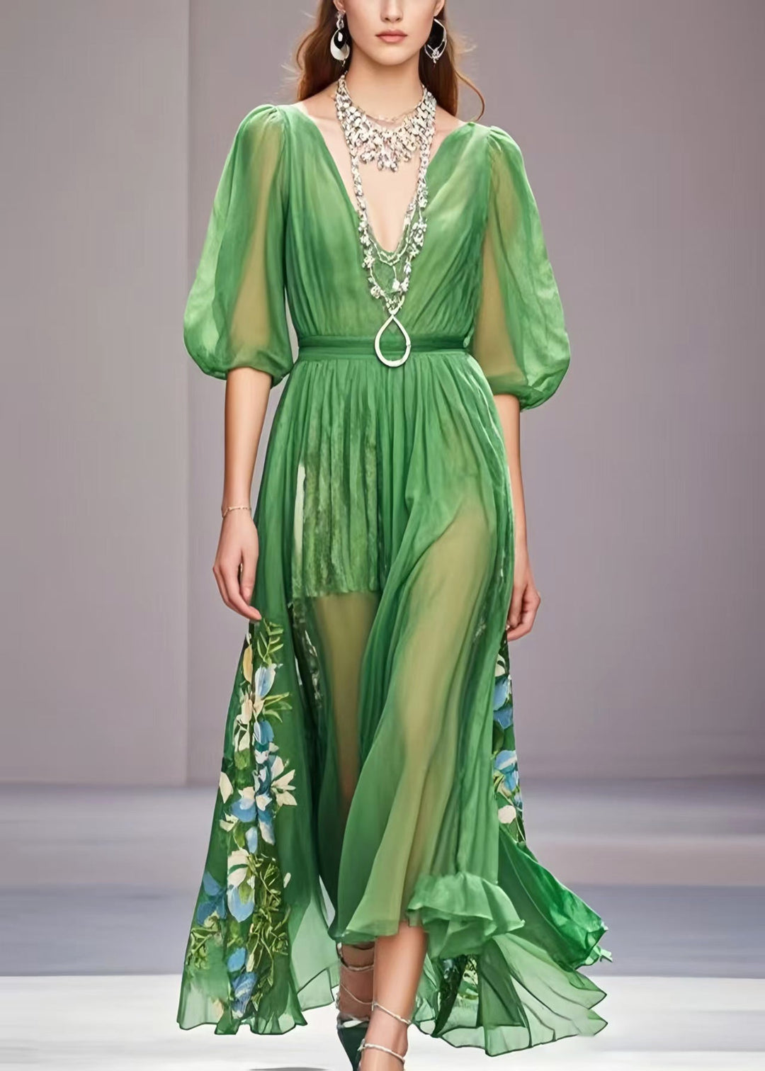 Unique Grass Green Puff Sleeve Print Chiffon Dress Summer