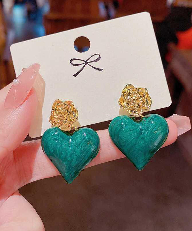 Unique Green Alloy Drip Glaze Rose Love Drop Earrings