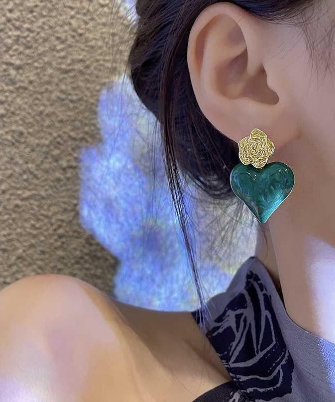 Unique Green Alloy Drip Glaze Rose Love Drop Earrings