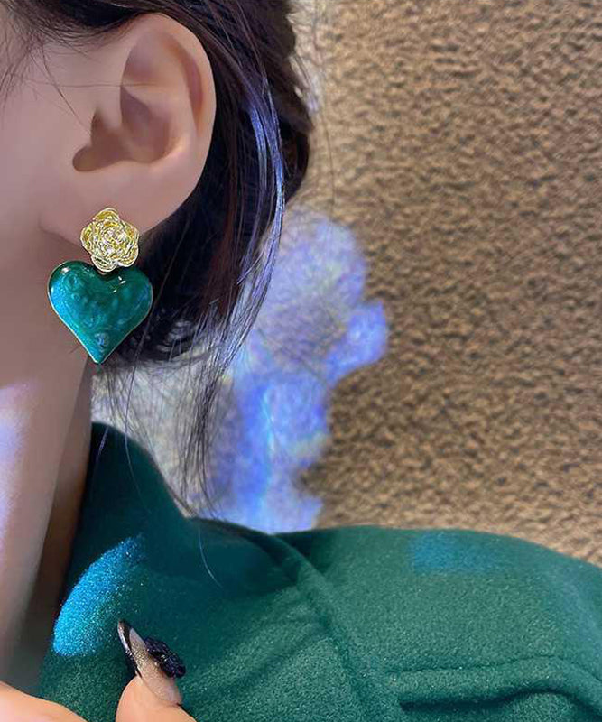 Unique Green Alloy Drip Glaze Rose Love Drop Earrings