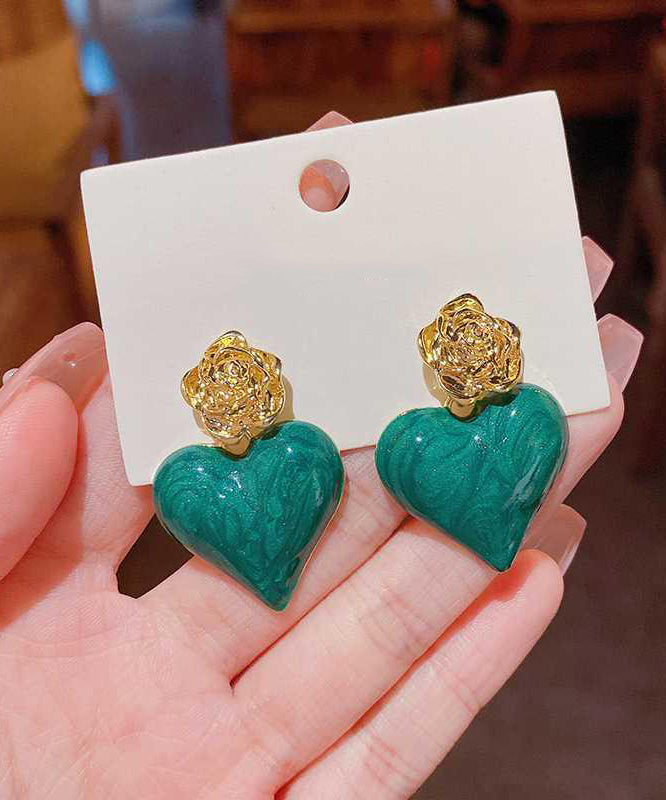Unique Green Alloy Drip Glaze Rose Love Drop Earrings