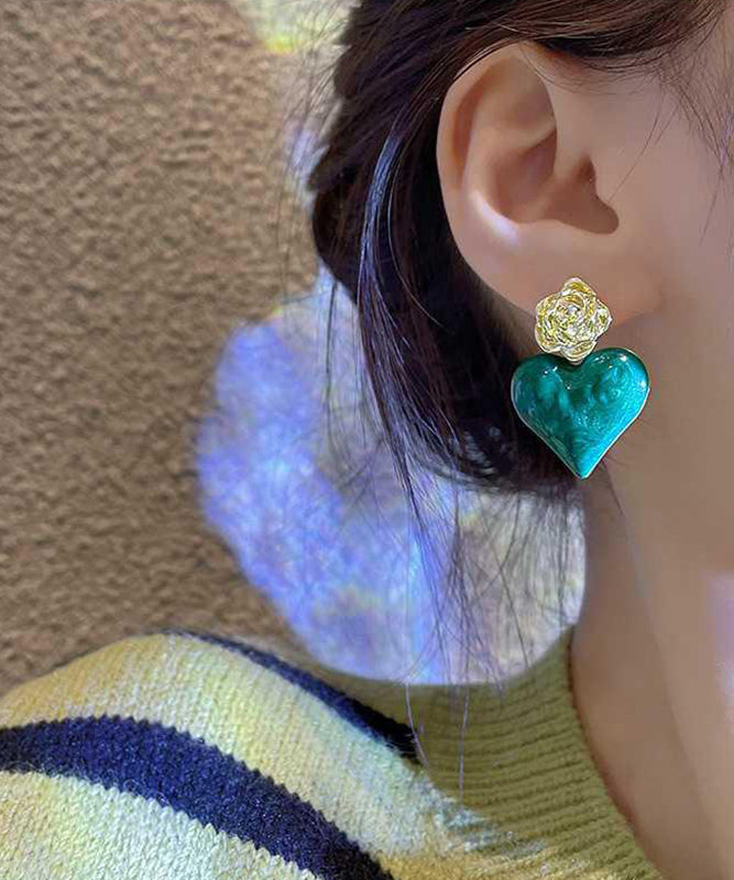 Unique Green Alloy Drip Glaze Rose Love Drop Earrings
