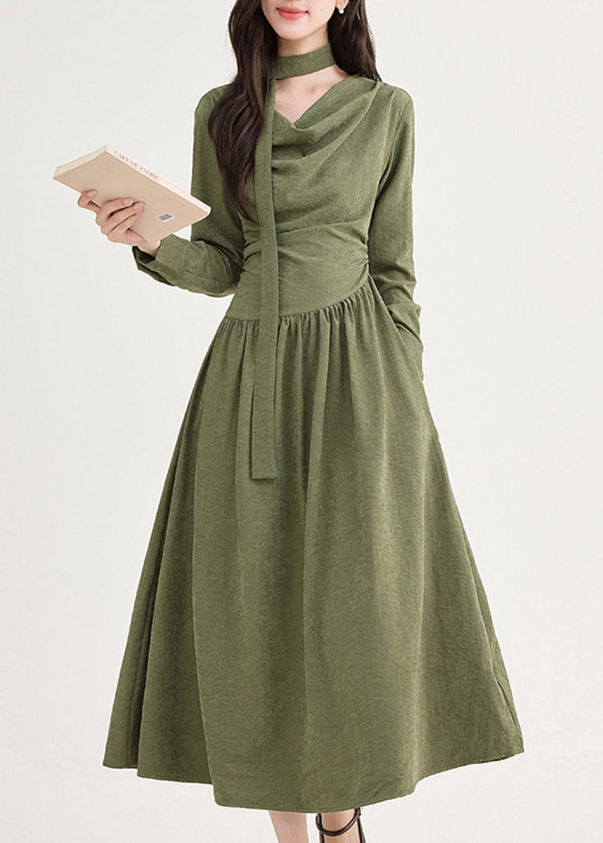 Unique Green Asymmetrical Tie Waist Dress Long Sleeve