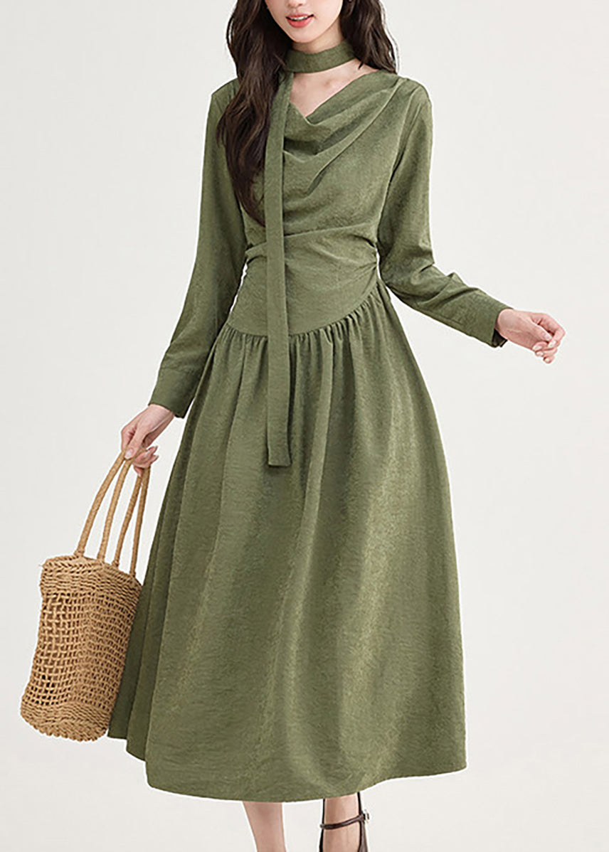 Unique Green Asymmetrical Tie Waist Dress Long Sleeve