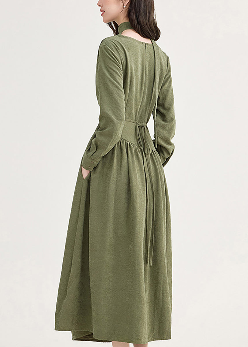 Unique Green Asymmetrical Tie Waist Dress Long Sleeve