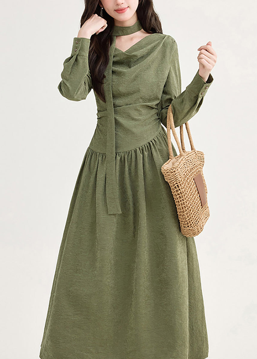 Unique Green Asymmetrical Tie Waist Dress Long Sleeve