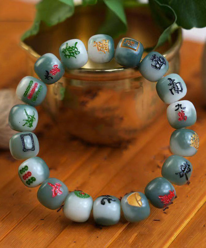 Unique Green Carving Jade Bodhi Mahjong Chain Bracelet