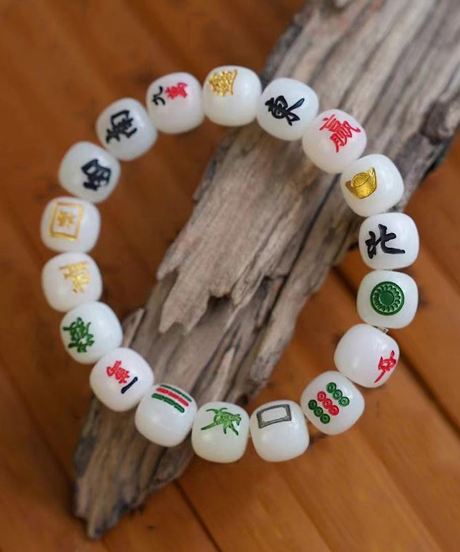 Unique Green Carving Jade Bodhi Mahjong Chain Bracelet