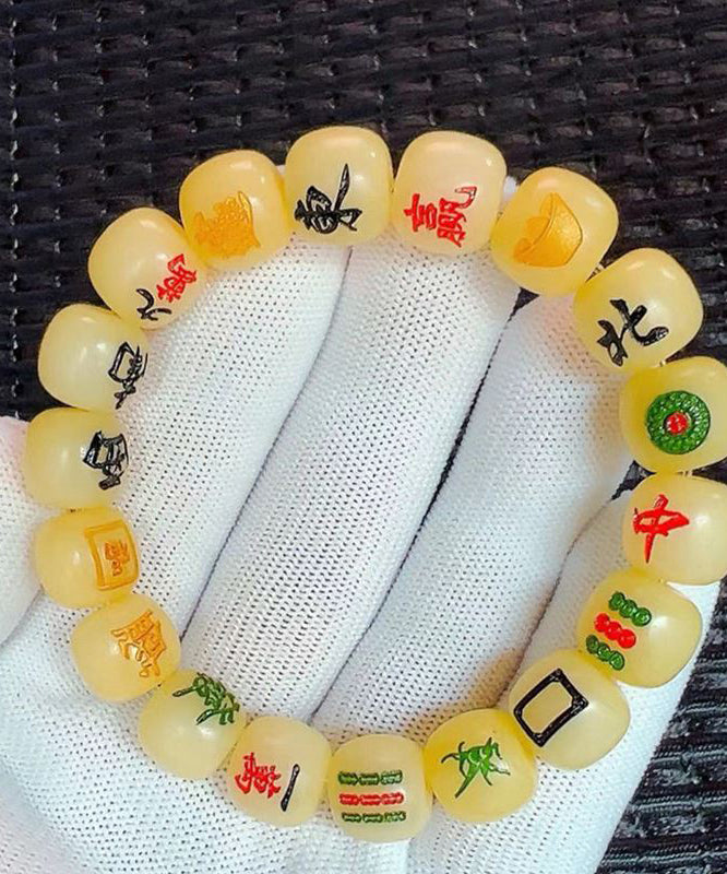Unique Green Carving Jade Bodhi Mahjong Chain Bracelet
