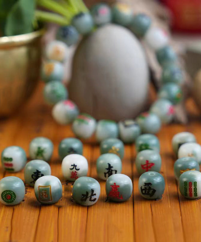 Unique Green Carving Jade Bodhi Mahjong Chain Bracelet