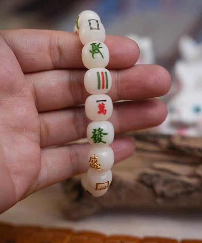 Unique Green Carving Jade Bodhi Mahjong Chain Bracelet