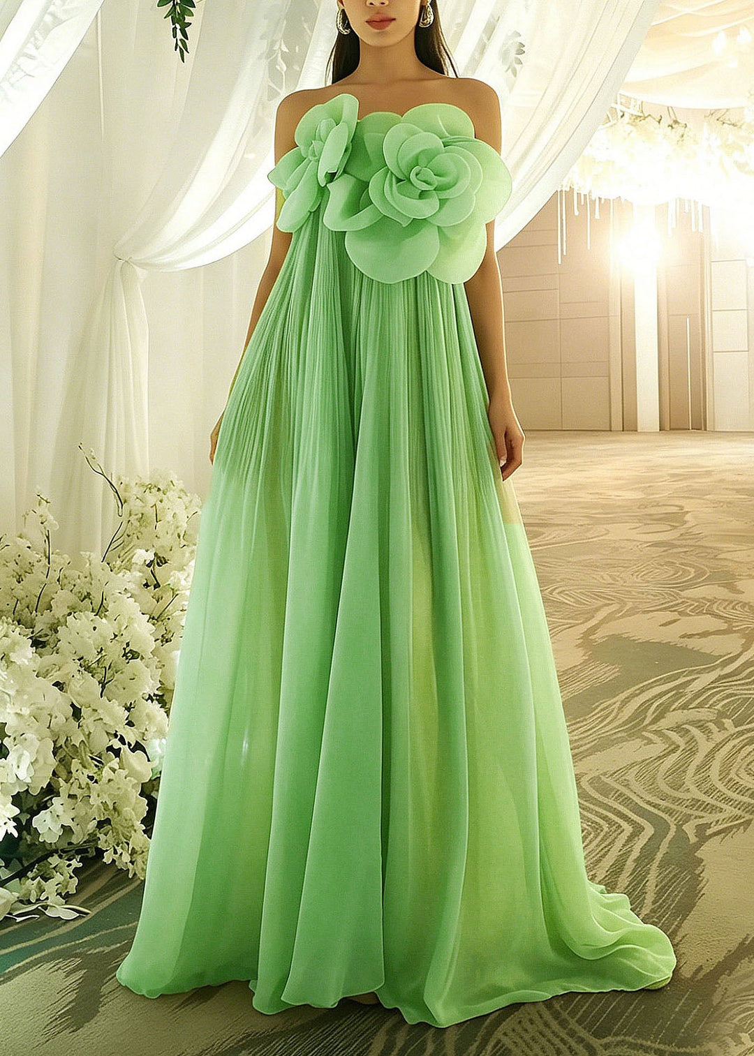 Unique Green Floral Wrinkled Chiffon Long Dress Sleeveless