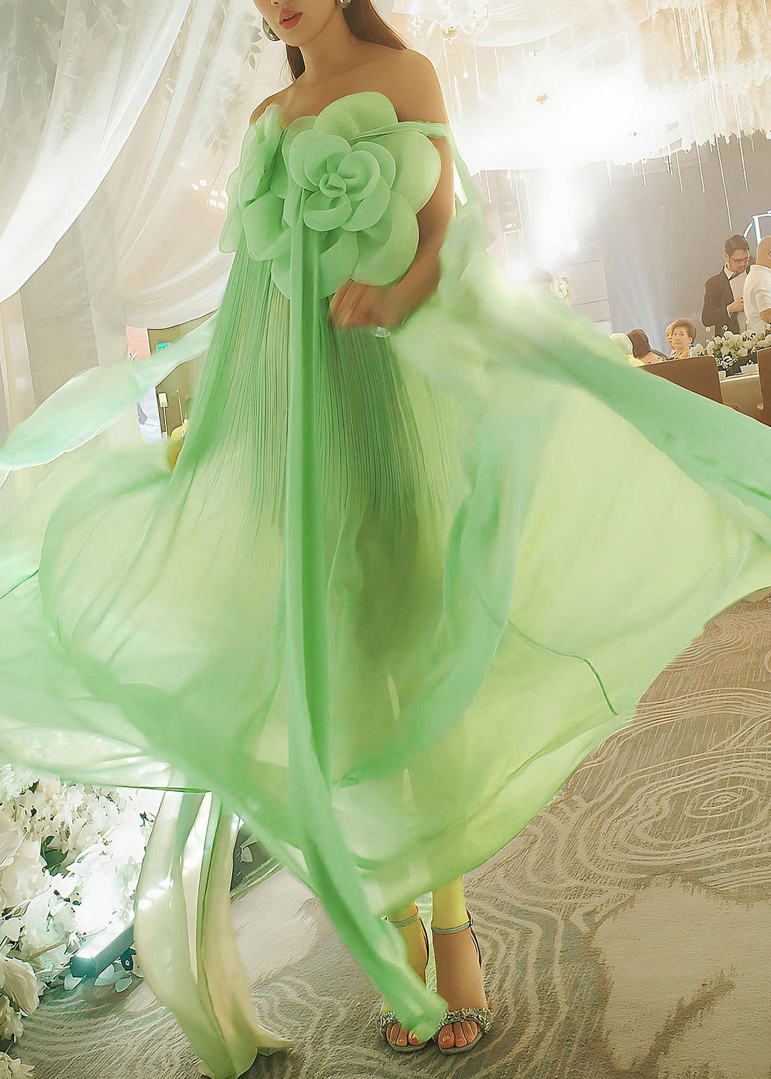 Unique Green Floral Wrinkled Chiffon Long Dress Sleeveless