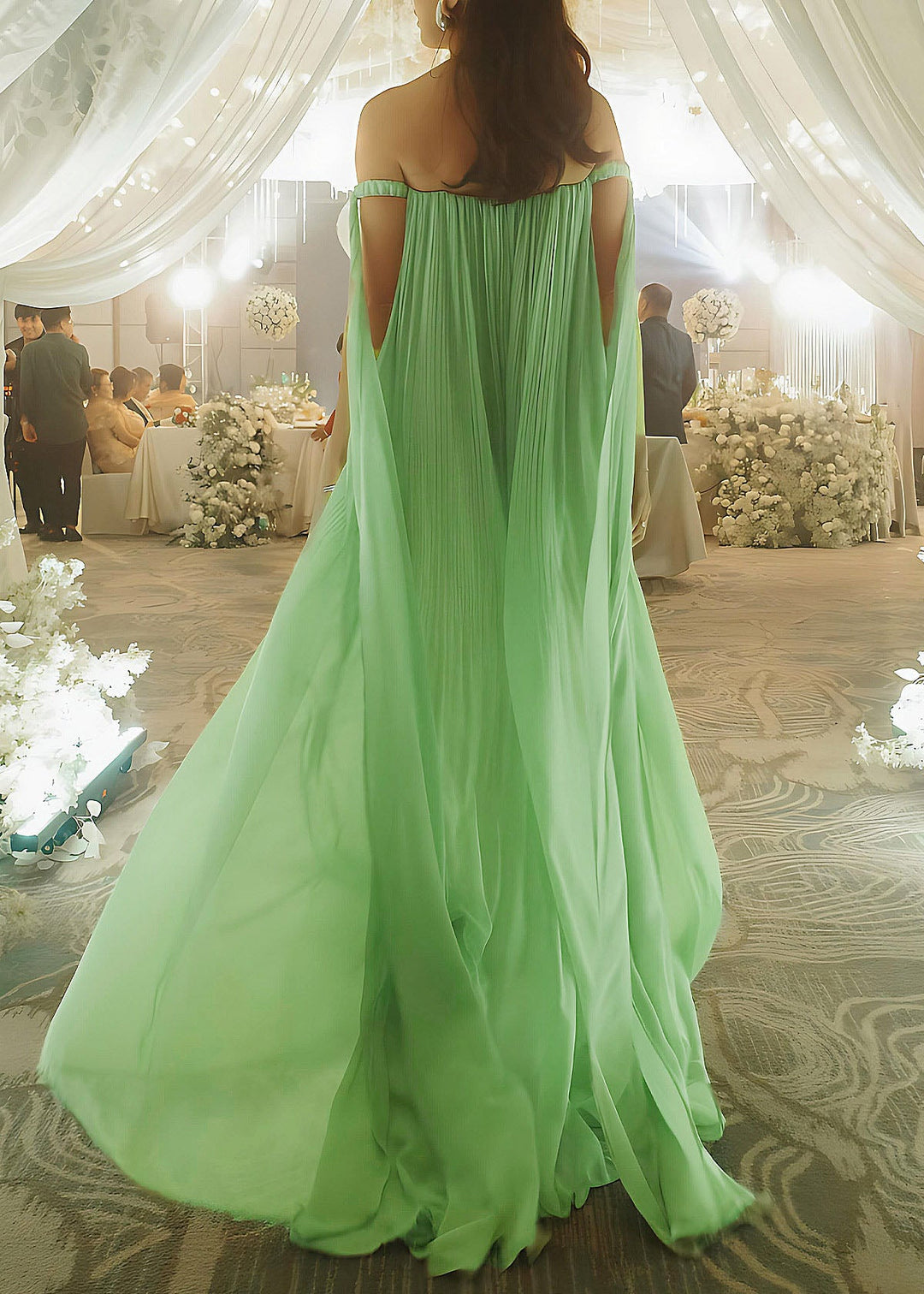 Unique Green Floral Wrinkled Chiffon Long Dress Sleeveless