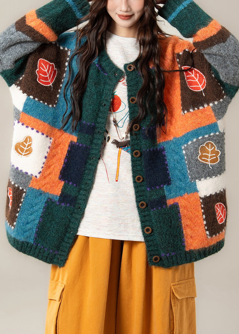 Unique Green Geometric Button Patchwork Knit Coat Spring