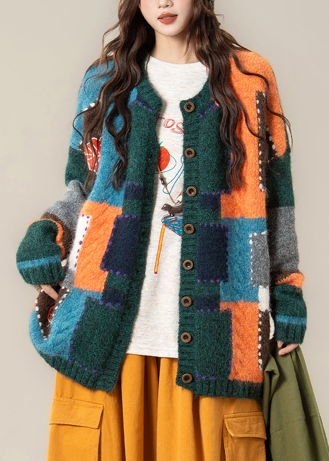 Unique Green Geometric Button Patchwork Knit Coat Spring