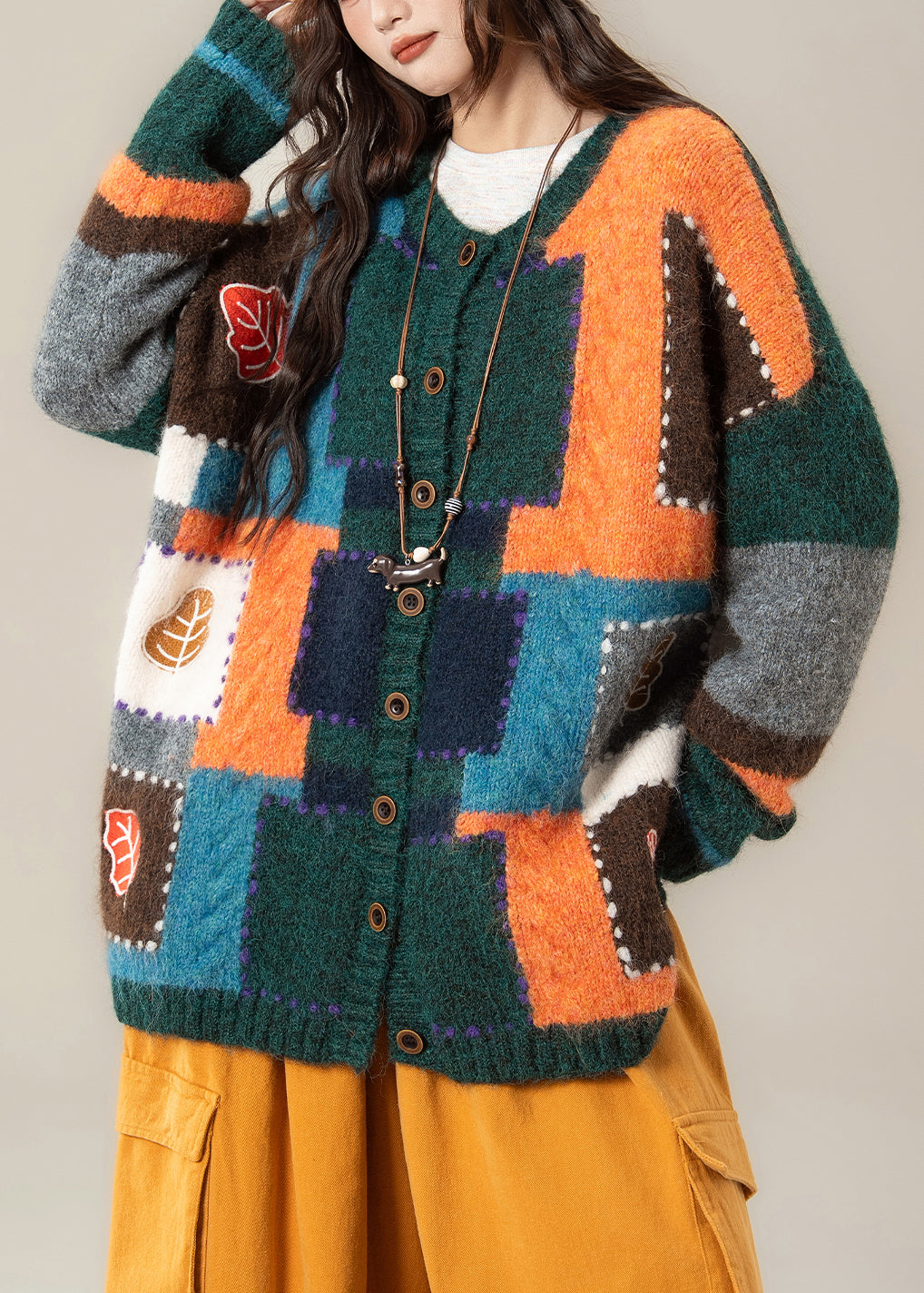 Unique Green Geometric Button Patchwork Knit Coat Spring