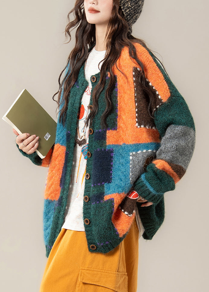Unique Green Geometric Button Patchwork Knit Coat Spring