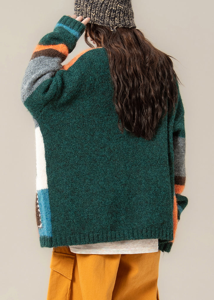 Unique Green Geometric Button Patchwork Knit Coat Spring