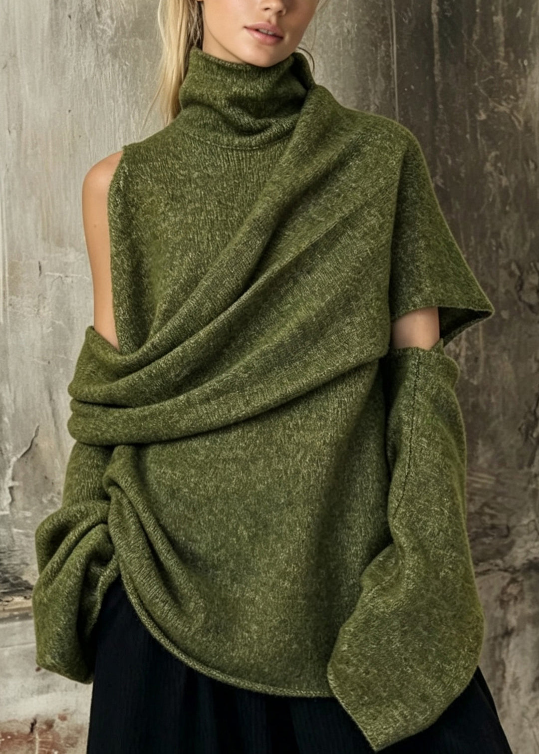Unique Green Hign Neck Asymmetrical Design Knit Sweaters Fall