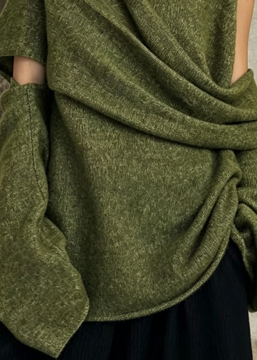 Unique Green Hign Neck Asymmetrical Design Knit Sweaters Fall