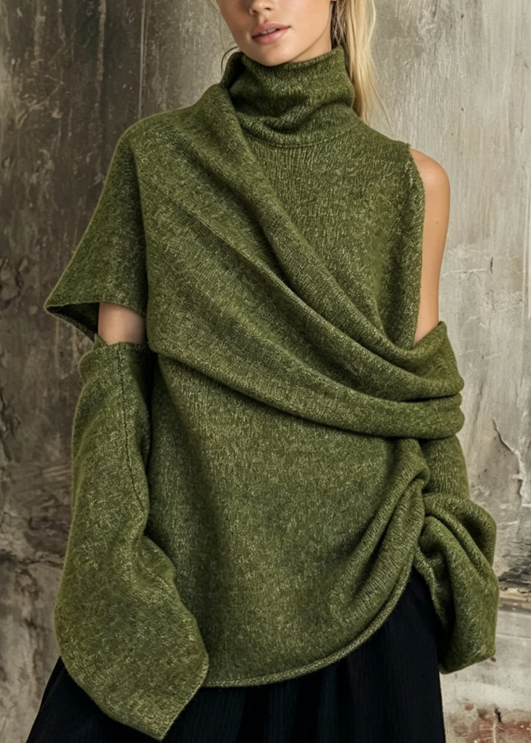 Unique Green Hign Neck Asymmetrical Design Knit Sweaters Fall